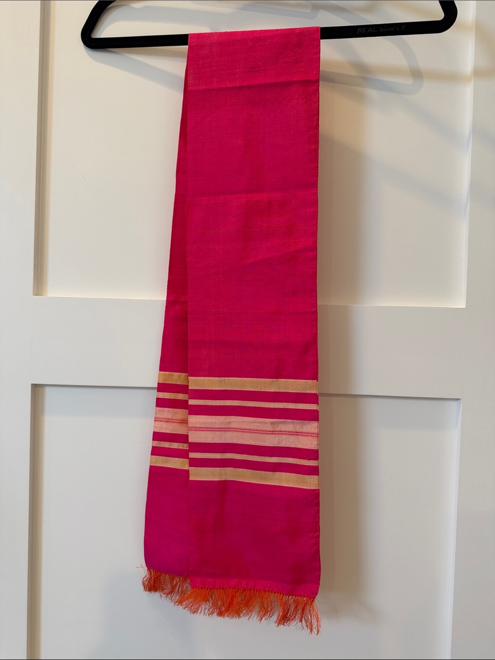 Bright Fuchsia Silk Scarf with Gold Stripe Detail